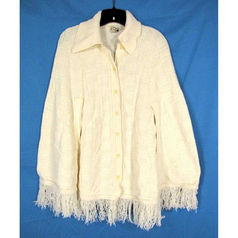 VTG SWEATER BEE BANFF Ivory Check Knit Button-Up SWEATER CAPE/PONCHO Granny M